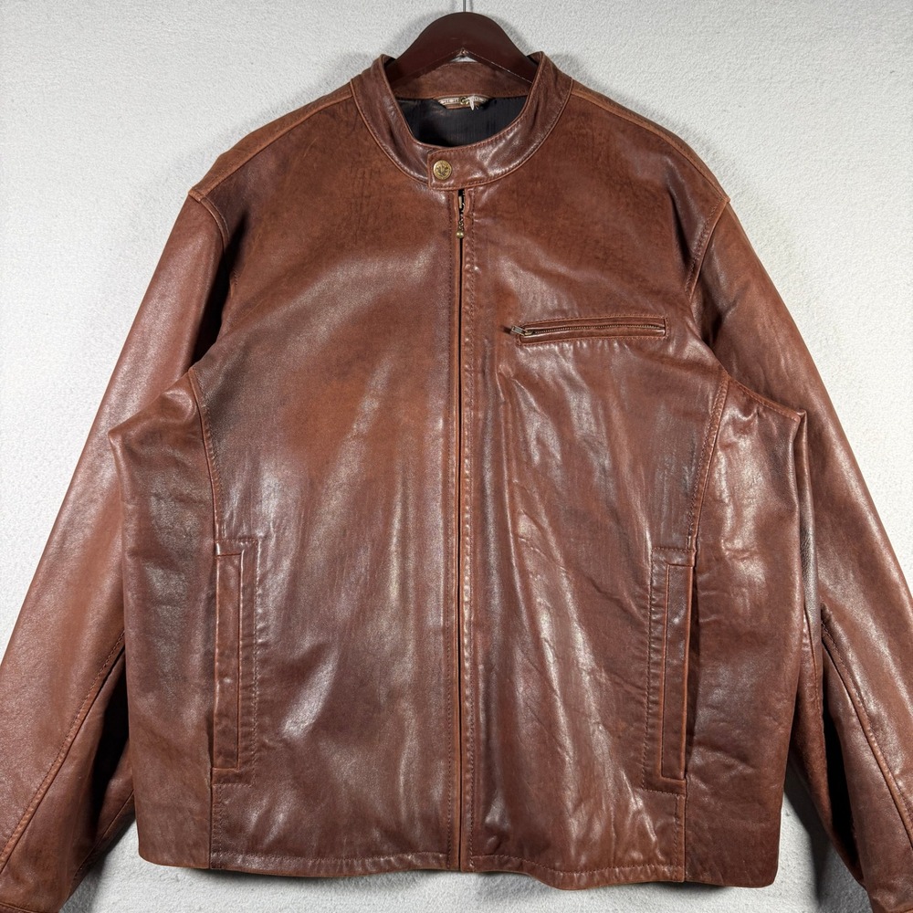 Tommy Bahama Mens XL Brown Leather Cafe Racer Jacket Full Zip Stand Collar